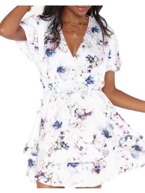 Show Me Your MuMu White Mini Dress with Blue and Pink Floral Print Size Medium
